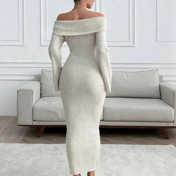 Apricot Elegant Women's Off Shoulder Sweater Maxi Dress - Picture 2 of 7